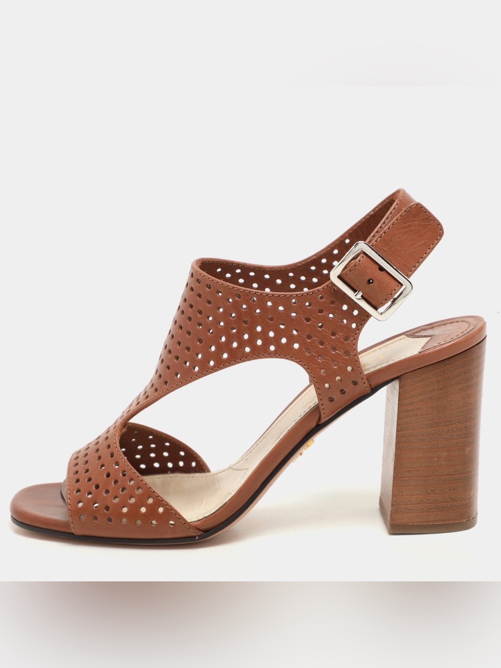 Prada Sandals, Women’s Perforated Leather Shoes, Brown, Block Heel EU 39 US 8.5
